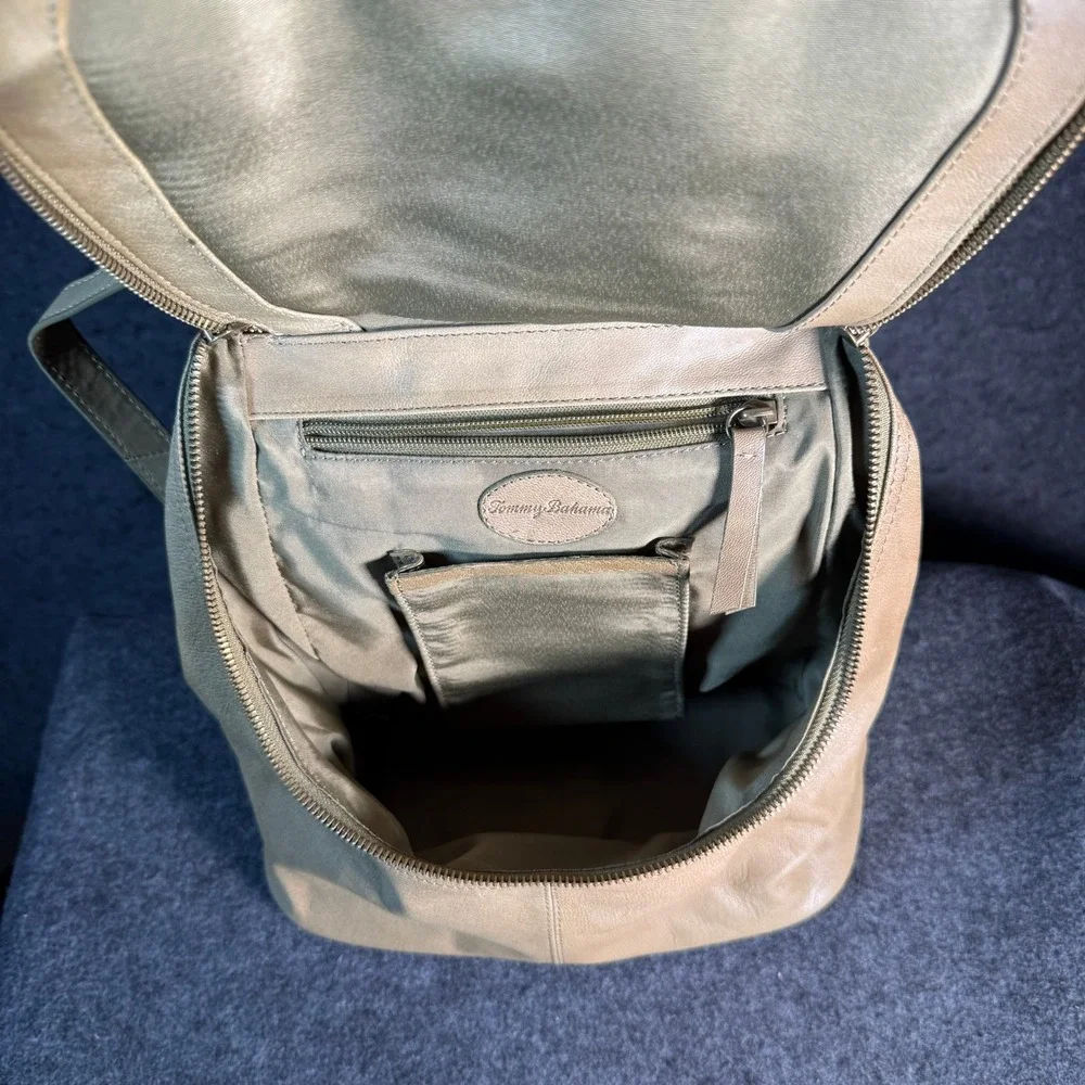 Tommy‎ Bahama Leather Backpack Olive Tan Braided Handle Small Travel Bag